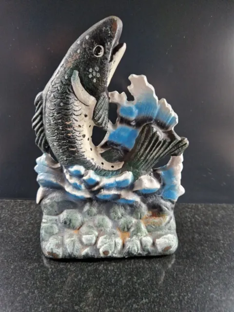 Cast Iron Doorstop Vintage Salmon Fish Leaping Riverside Angler Fly Fishing