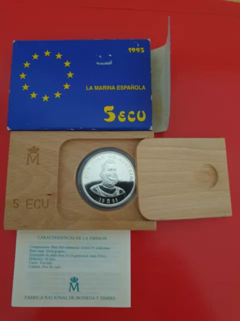 5 Ecu Silbermünze 1995 Spanien in Kapsel , Holzschatulle u. Zertifikat