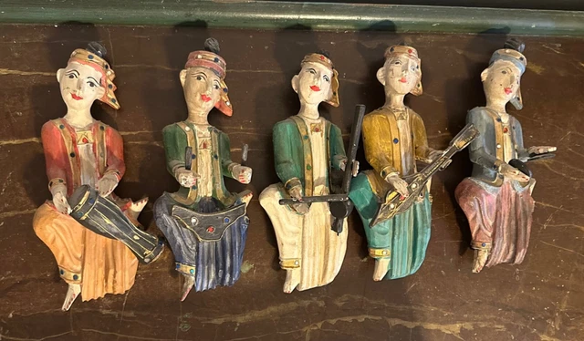 Set of 5 Vintage Bali Indonesian Carved Wood Musician Wall Art Sculptures- 10"