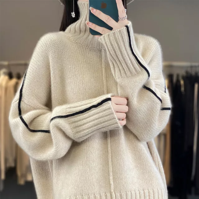 WOOL TURTLENECK SWEATER Women New Loose Soft Warm Knitted Pullover Tops ...