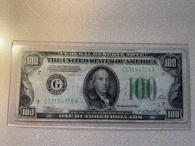 1934 $100 One Hundred Dollars Frn Federal Reserve Note Chicago,  G03194728A # 5