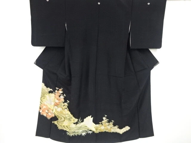 04779# Japanese Kimono / Antique Tomesode / Embroidery / Ume Blossoms & Kiku