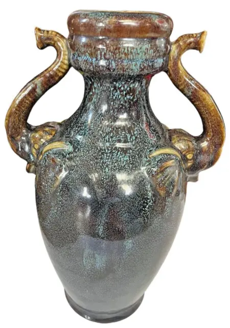 Vintage Large Brown Double Handled Glazed Urn Vase Pitcher 14.75" Blue Flecks