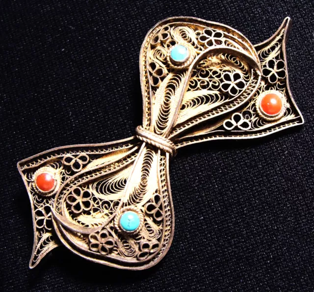 Antique Scandinavian Sterling Silver Filigree BOW BROOCH REAL TURQUOISE & CORAL