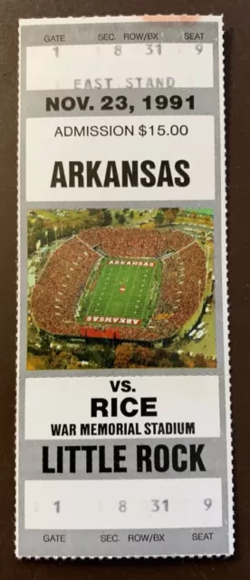 Arkansas Razorbacks 11/23/1991 ORIGINAL college football ticket vs Rice