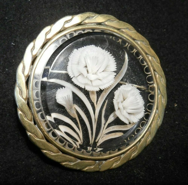 Broche De Deuil Ancienne En Lucite Avec Fleurs – Style Art Déco, Occasion