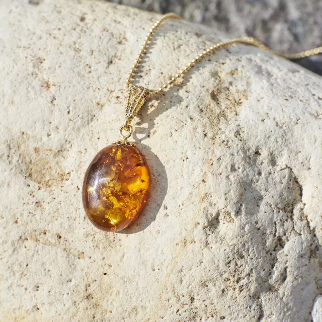 Handmade Gold-Plated Silver Amber Pendant Necklace - Natural Oval Amber Gift