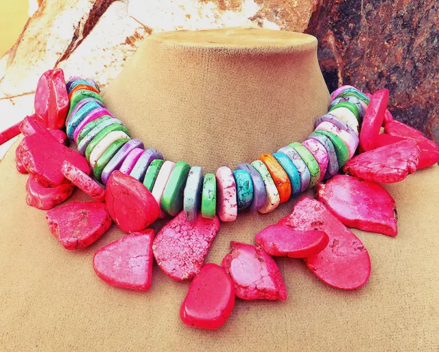 STATEMENT NECKLACE Turquoise Howlite 2-STRAND Rainbow Hot Pink Slab Gems Artisan