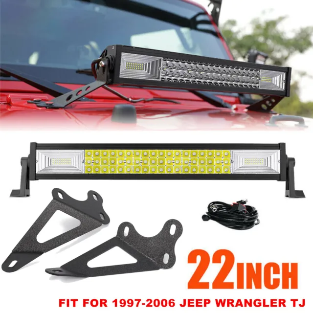 22" 1296W LED Work Light Bar & Hood Mount Bracket Kit for Jeep Wrangler TJ 97-06