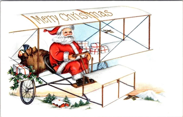 1915 Full Length SANTA Flying an Airplane, CHRISTMAS Greetings Postcard