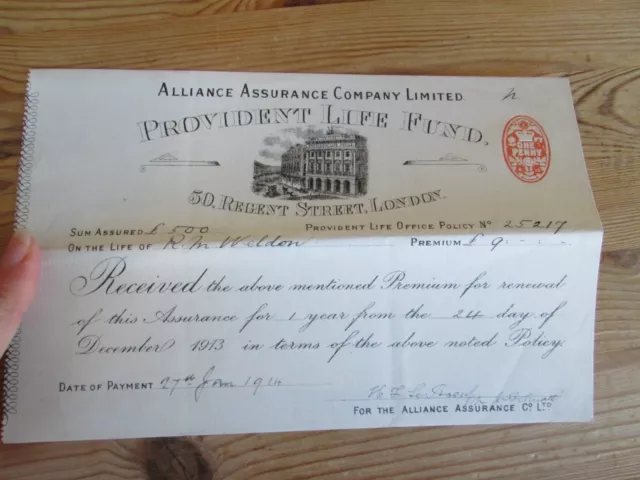 1914 Receipt (with embossed Fiscal) Provident Life Fund, Alliance Assurance Co