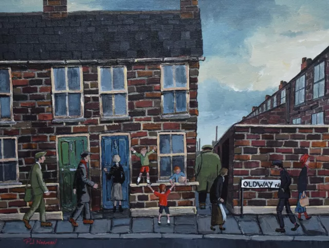 Wonderful Peter J Norman Original Oil Painting Busy Street Scene Northern Art