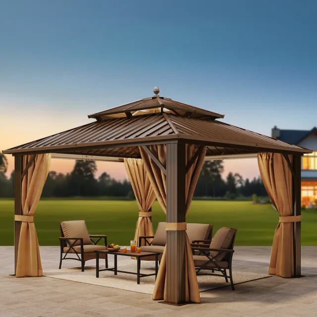 12'X12' Hardtop Gazebo, with Galvanized Steel Double Roof Canopy Outdoor