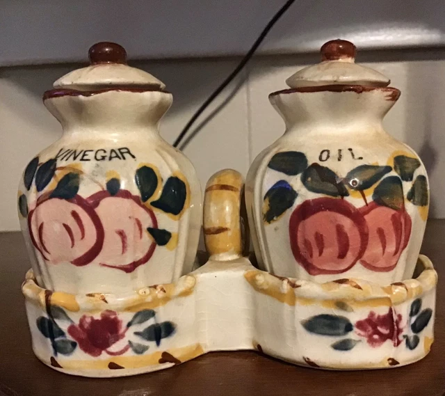 VTG Made in Japan Oil & Vinegar Cruet Set With Holder Majolica? Flowers &  Fruit