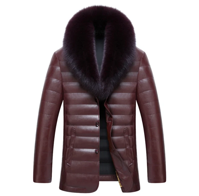 M-3XL Mens Short Leather Down Puffer Jackets Fox Fur Collar Thicken Warm Casual