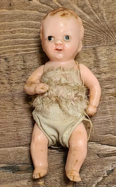 Vintage German Hertwig Celluloid Doll Dollhouse Baby Toddler 3.5"