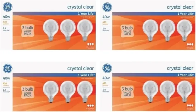 12 Bulbs GE 40-Watt Crystal Clear G25 Globe Bulbs w/Medium Base Vanity Globe