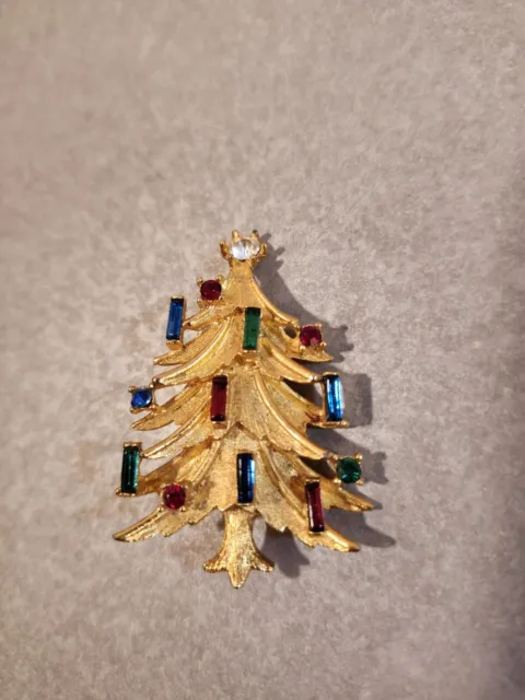 Vintage Mamselle Christmas Tree Brooch Pin Candlelit Baguette Crystal Gold Tone