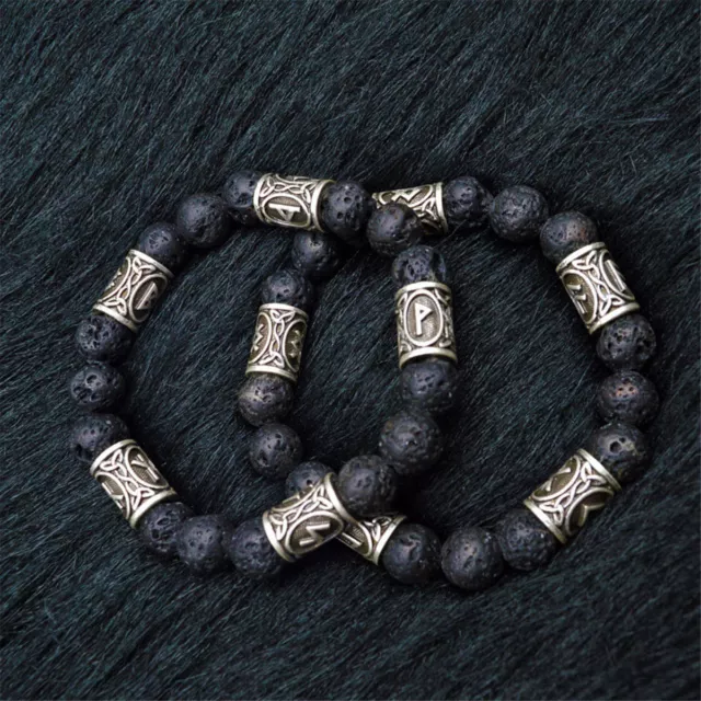 1pc Norse Viking Rune Spacer Lava Stone Beads Bracelet Men Women Cuff Jewelry