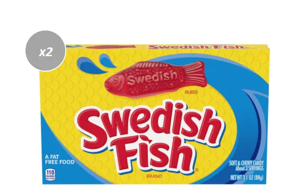 904945 2 x 88g THEATRE BOXES OF SWEDISH FISH AM I GETTING RED? SOFT CHEWY CANDY
