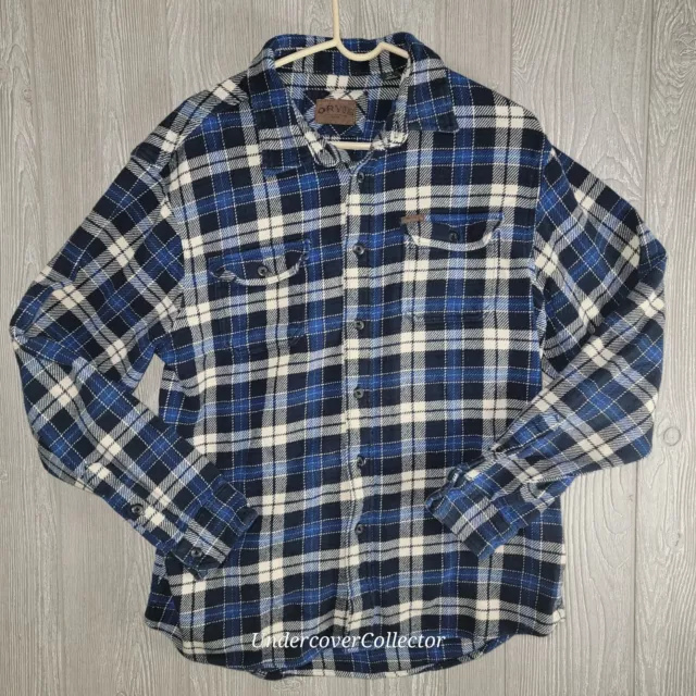 Orvis Flannel Shirt Mens Large Blue Plaid Long Sleeve Pockets Casual Heavyweight