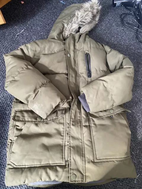 Boys Dark Khaki Green Next Parka Style Winter Coat with Fur Hood Age 9