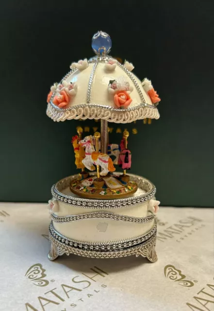 Carousel Faberge Egg Music Box Plays Swan Lake with Flowers & Silver Accent