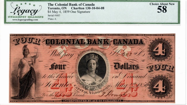 COLONIAL Bank of CANADA $4 1859 LCG Choice aUNC-58 Banknotes CH-10-04-08