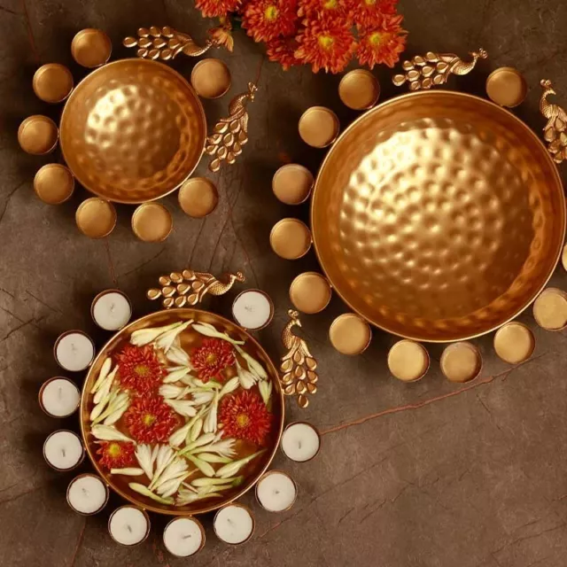 Peacock Urli Set /Diwali Gift iron urli bowl/uruli/diya/wedding/Christmas deco