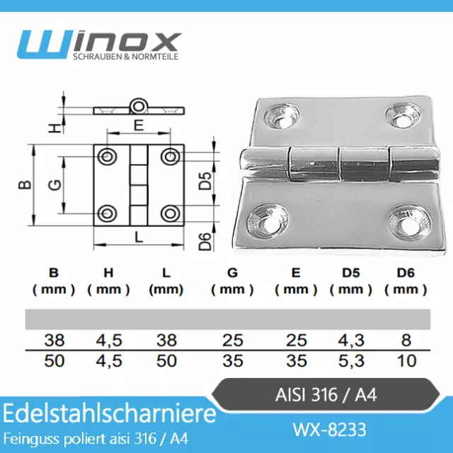 Scharnier Scharniere V2A V4A  Türscharnier Möbelscharnier Türband | 38x38x4,5mm