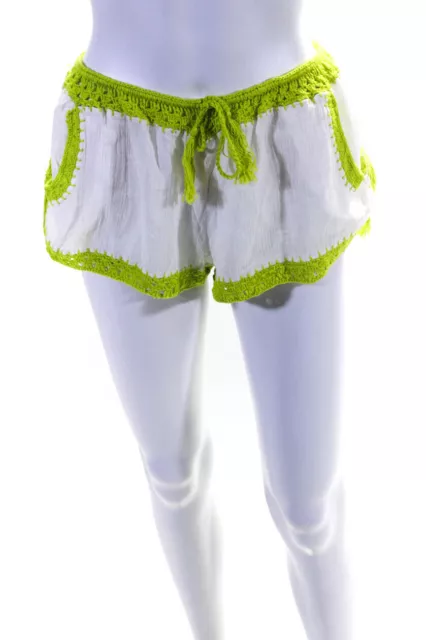 Anna Kosturova Womens Drawstring Crochet Knit Trim Short Shorts White Green XS