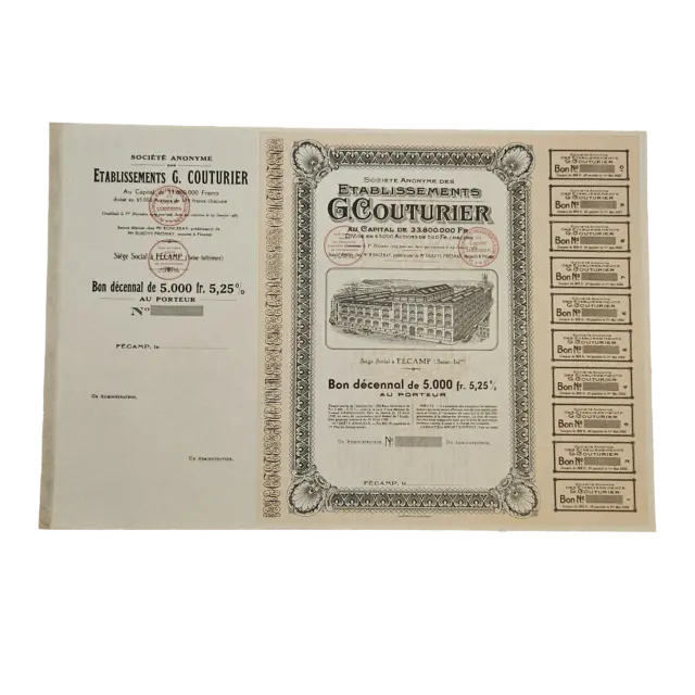 FRANCE - Bon décennal 5000 francs établissements G Couturier 1948