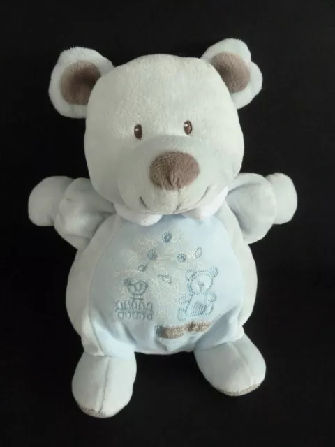 C7. DOUDOU PELUCHE NICOTOY OURS bleu baby garden col blanc taupe  21cm - TTBE