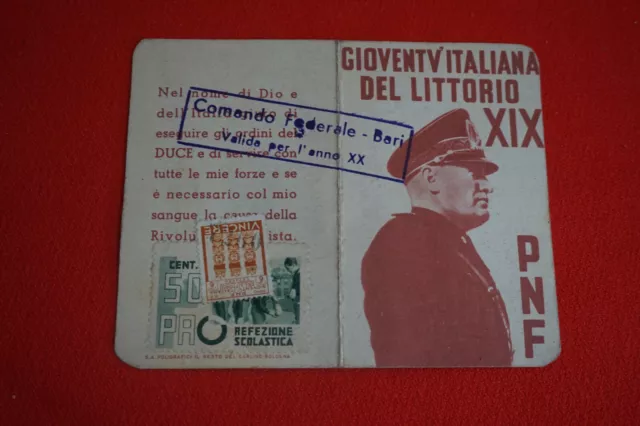 Tessera Gioventù Italiana del Littorio XIX PNF Comando Fed. Bari Fascismo Puglia