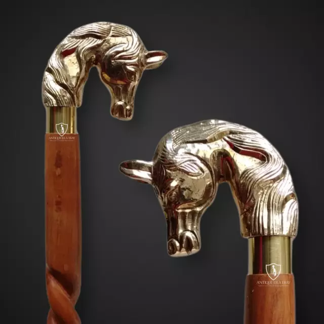 Testa di Cavallo Manico Ottone Vintage Funzionamento Legno Passeggio Bastone Per