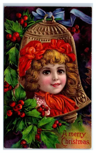 1909 Postcard-  Antique CHRISTMAS -Brown Eye Girl Bell GERMANY series EB 1480c