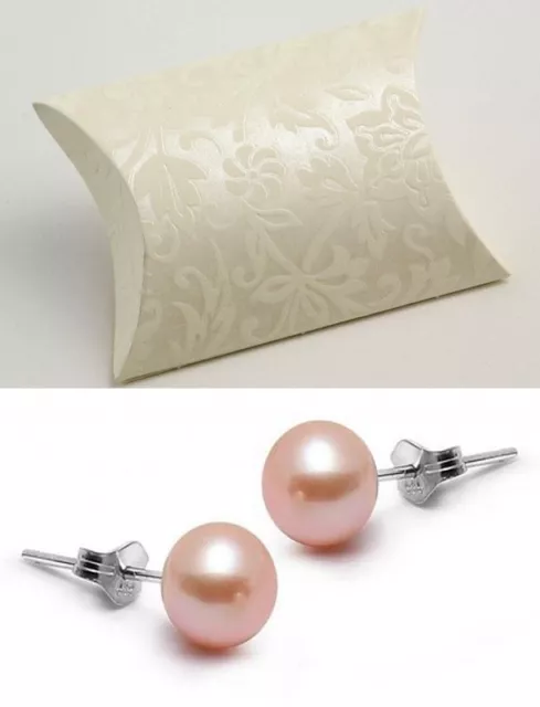 Real peach pink freshwater pearl stud earrings ear rings silver back gift boxed