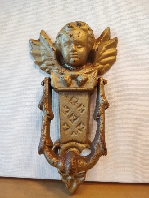 ANTIQUE Vintage Winged ANGEL DOORKNOCKER Door Knocker CAST IRON Golden