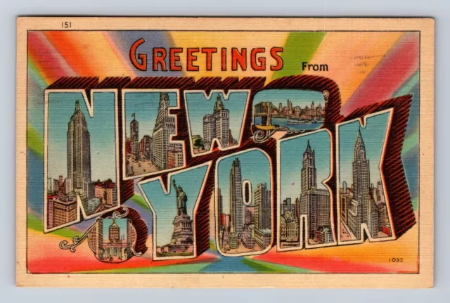 New York City NY, LARGE LETTER Greetings, Vintage c1946 Souvenir Postcard