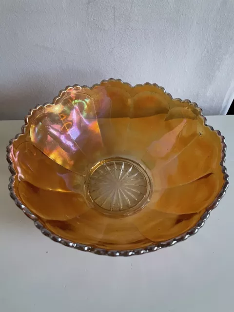 Art Deco Sowerby Carnival Glass Scalloped iridescent Marigold Bowl