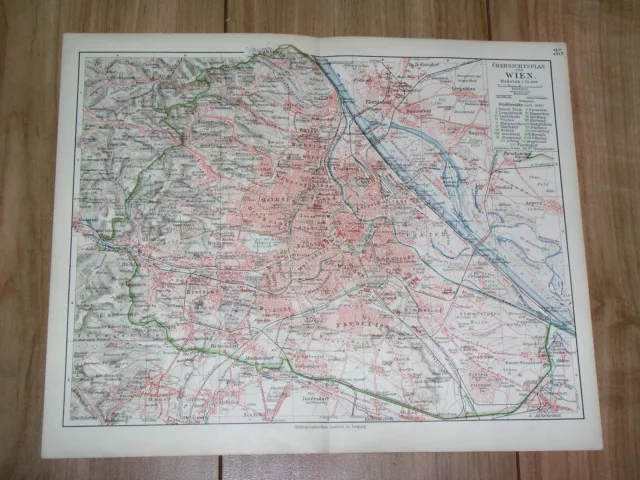 1905 Antique City Map Of Vienna Wien Vicinity Austria With Place Names Index