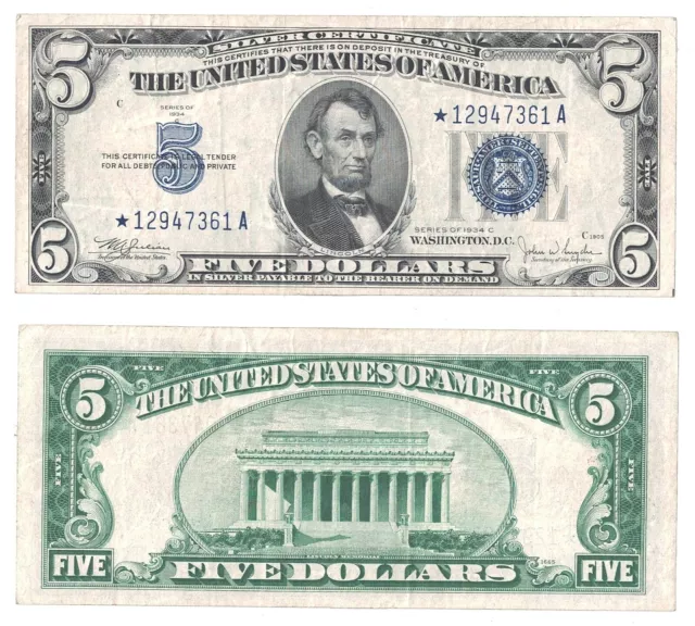 1934 C $5 Silver Certificate Star Note Fr 1653* VF #7361