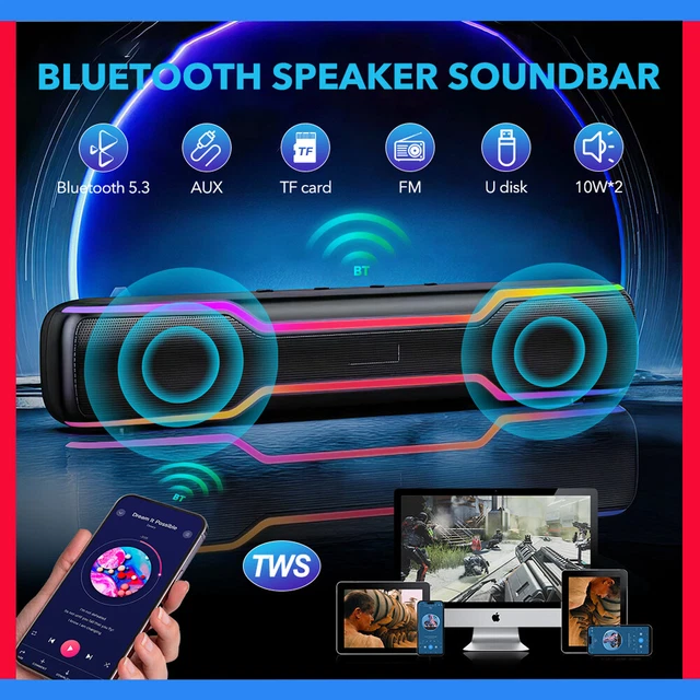 WIRELESS TWS COMPUTER Speakers 20W Wireless RGB Stereo Gaming Soundbar ...