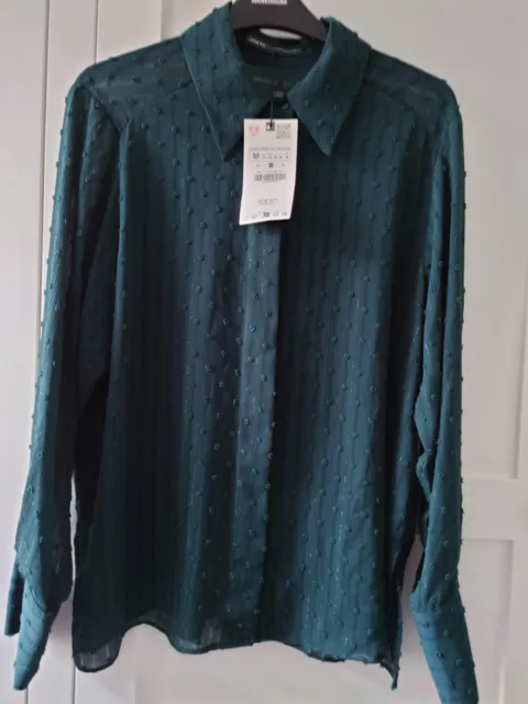 Zara Blue teal Embroidered Button Shirt Blouse Top M