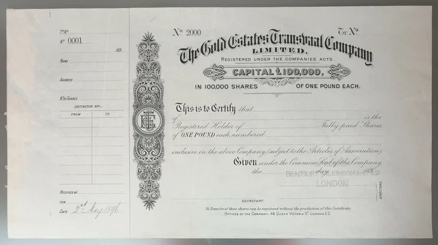 South AFRICA share Gold Estates Transvaal Co 1896, mining specimen Bradbury