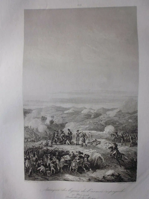 Engraving in folio empire:Spain: attack on Spanish army lines,la Muga