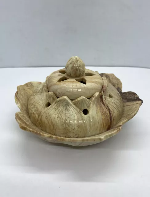 Exquisite Old Chinese Shoushan Stone handmade Lotus incense burner 5” Diameter