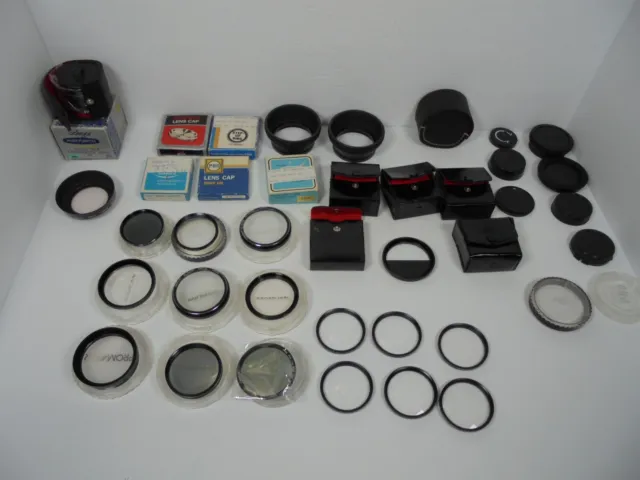 Lote de filtros de lente de cámara vintage campanas fundas Marumi Soligor Nikon Prinz LOOK