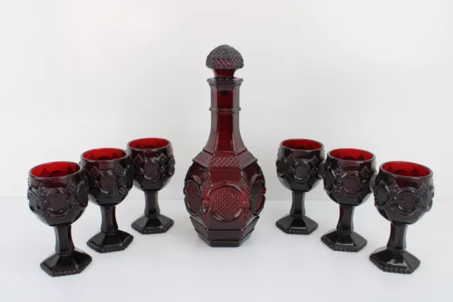 Vintage AVON 1876 Cape Cod Ruby Red Glass 6 Wine Goblets & Decanter Set