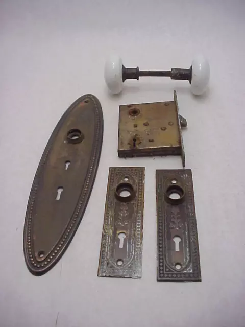 3 Antique Door Face Plates 2 Porcelain Door Knobs 1 Lock Set     Vintage Salvage